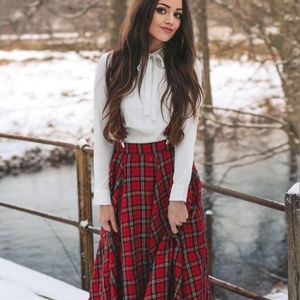SON DE FLOR RED TARTAN PLAID 100% LINEN SKIRT XL